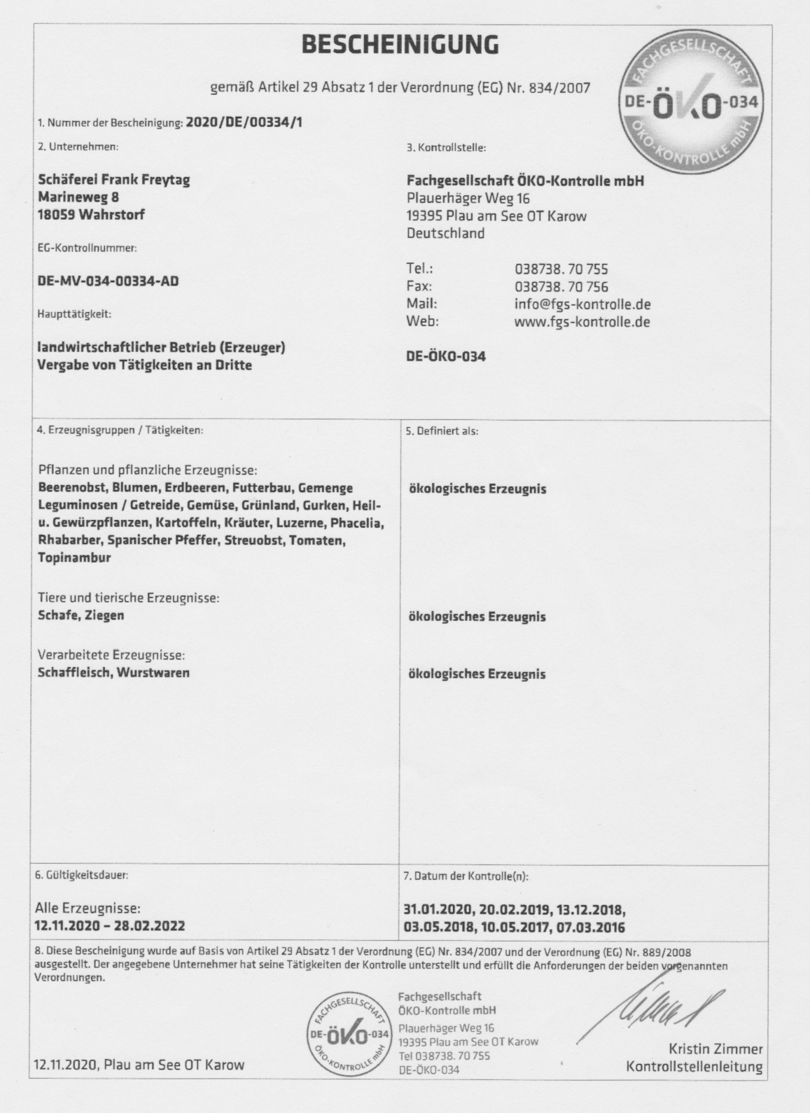 Zertifikat oekologische Erzeugung SoLaWi Rostock